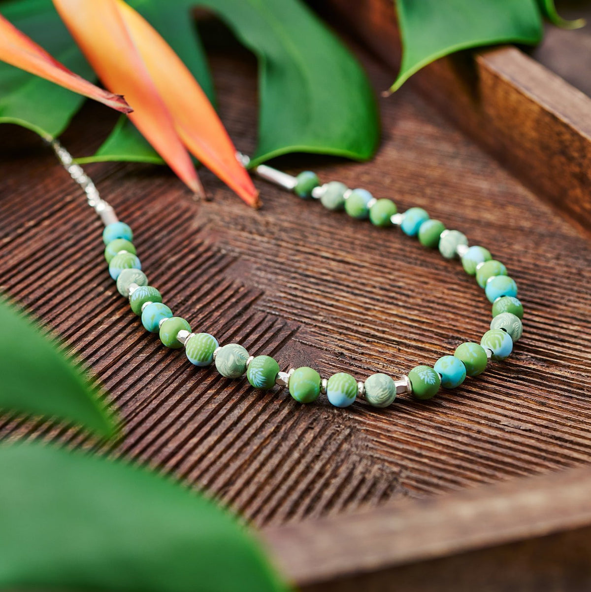 Tropical Green Beaded Chain Necklace