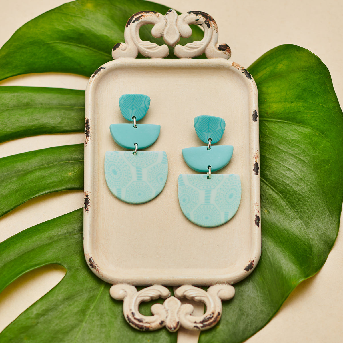 Maui Blue Triple Clay Bezel Post Earrings